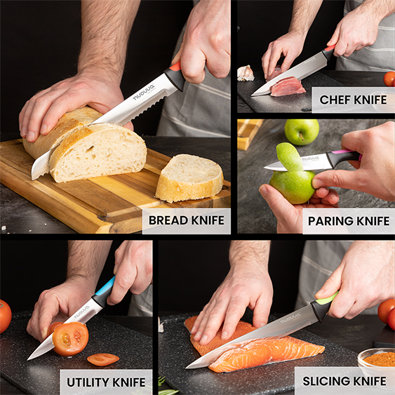 Colour-Coded Kitchen Knife Set with Block (5-Piece & 17-Piece), Nuovva