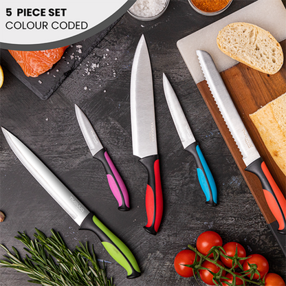 Colour-Coded Kitchen Knife Set with Block (5-Piece & 17-Piece), Nuovva