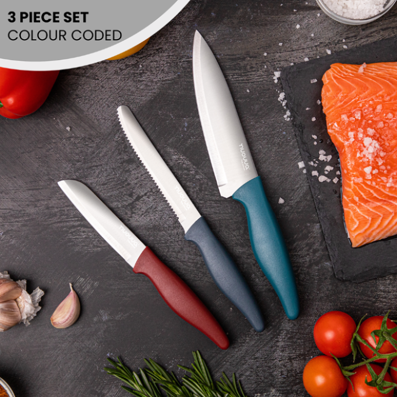 3-Piece Grey Stainless Steel Non-Stick Kitchen Knife Set, Nuovva