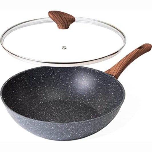 28cm Induction Non-Stick Wok Pan with Glass Lid, Nuovva