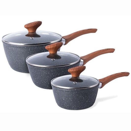 3-Piece Marble Granite Non-Stick Saucepan Set with Glass Lids (16cm, 18cm & 20cm), Nuovva