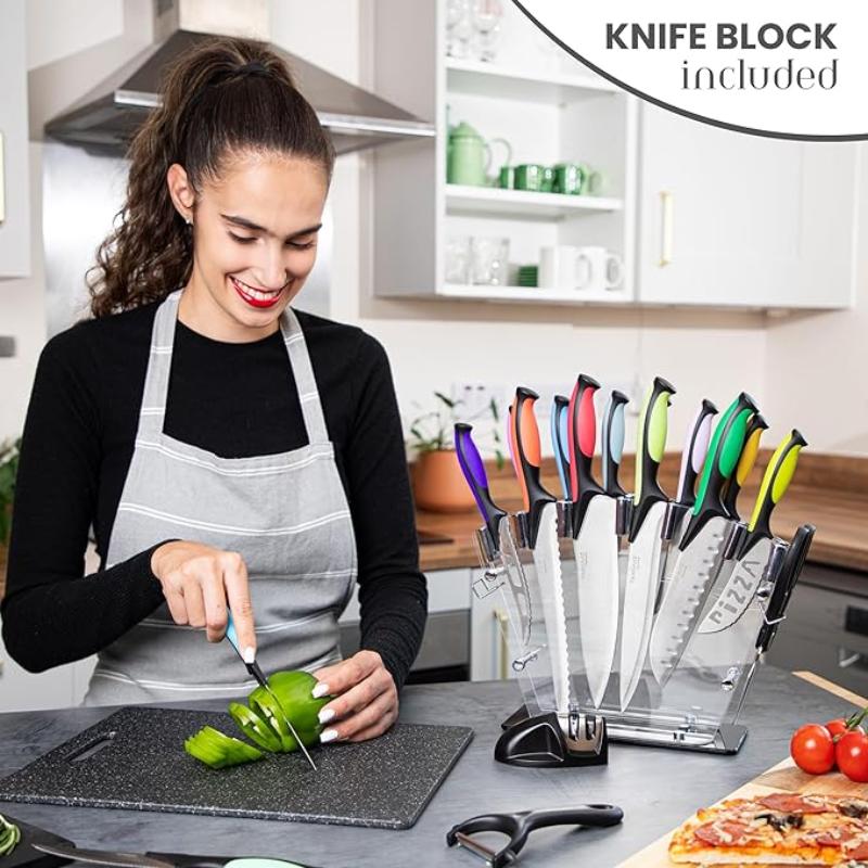 17-Piece Professional Black Granite Kitchen Knife Set with Acrylic Block, Nuovva