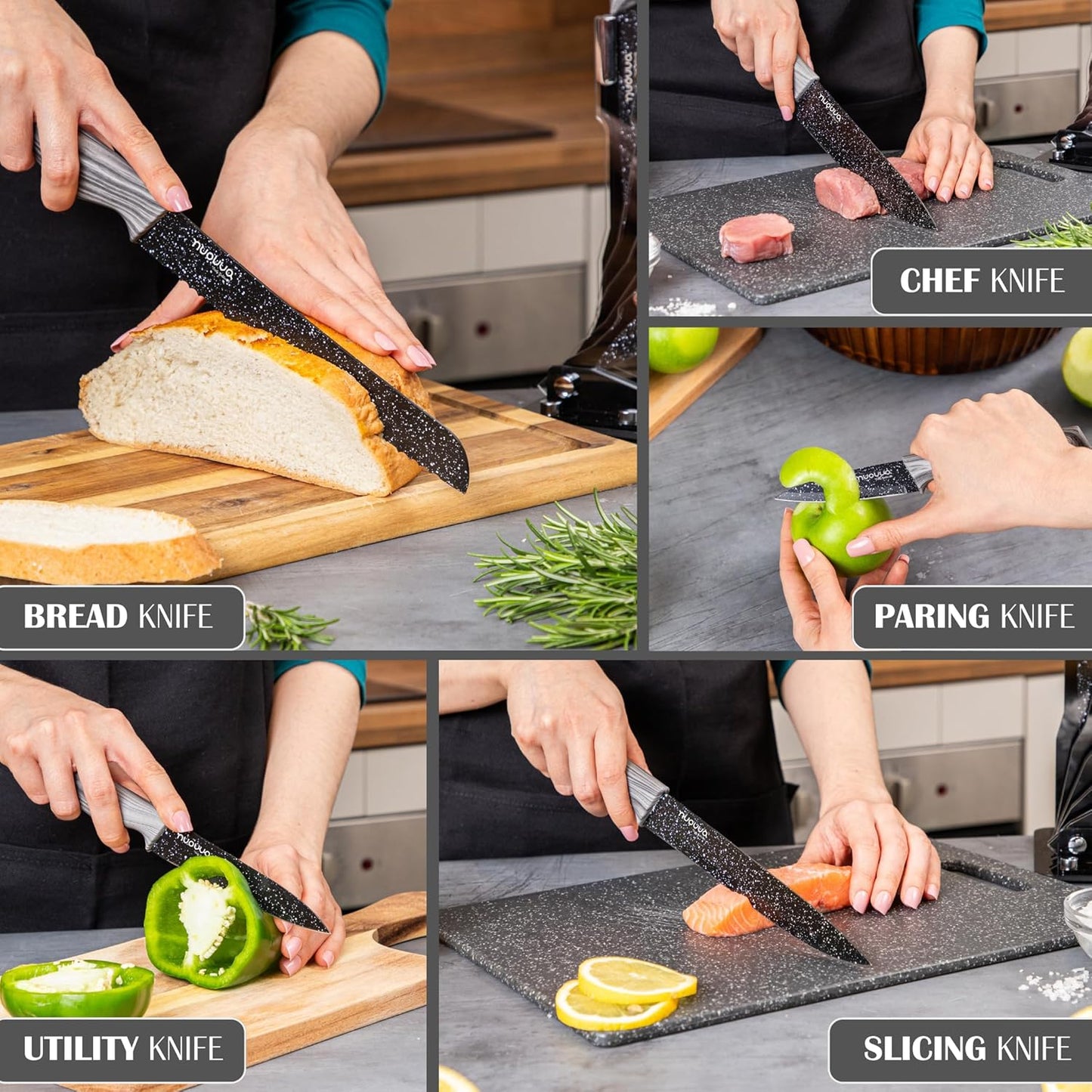Granite Kitchen Knife Block Set - 5pcs, 17pcs