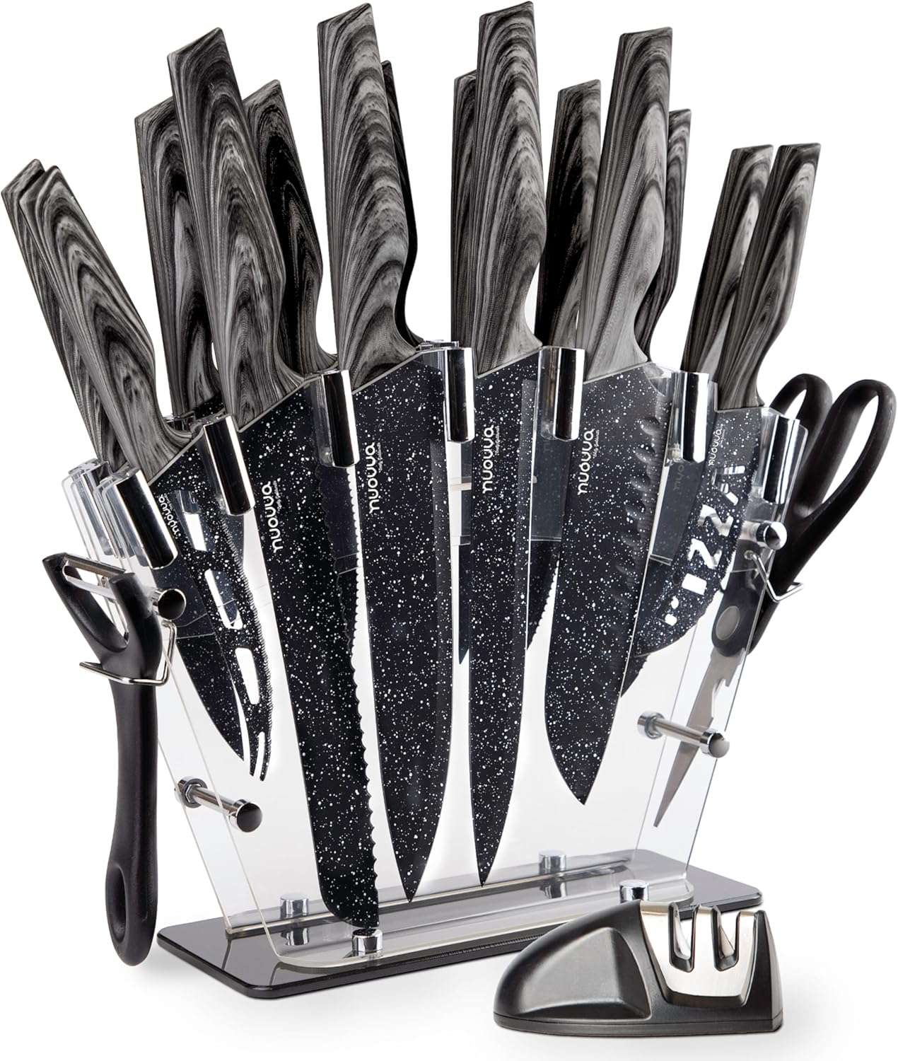 17-Piece Professional Black Granite Kitchen Knife Set with Acrylic Block, Nuovva