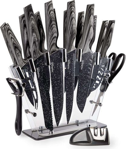 17-Piece Professional Black Granite Kitchen Knife Set with Acrylic Block, Nuovva