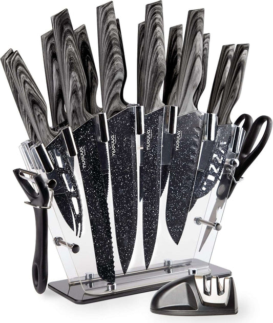 17-Piece Professional Black Granite Kitchen Knife Set with Acrylic Block, Nuovva
