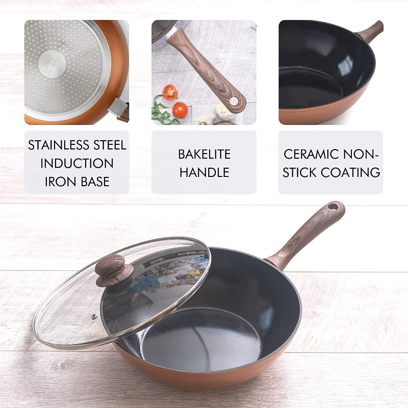 28cm Non-Stick Wok with Glass Lid, Nuovva