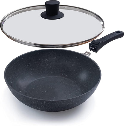 28cm Induction Wok Pan with Glass Lid & Removable Handle, Nuovva