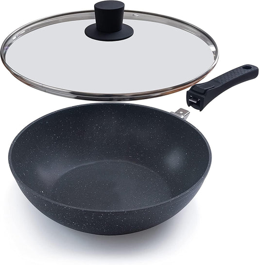 28cm Induction Wok Pan with Glass Lid & Removable Handle, Nuovva