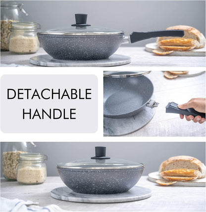28cm Induction Wok Pan with Glass Lid & Removable Handle, Nuovva