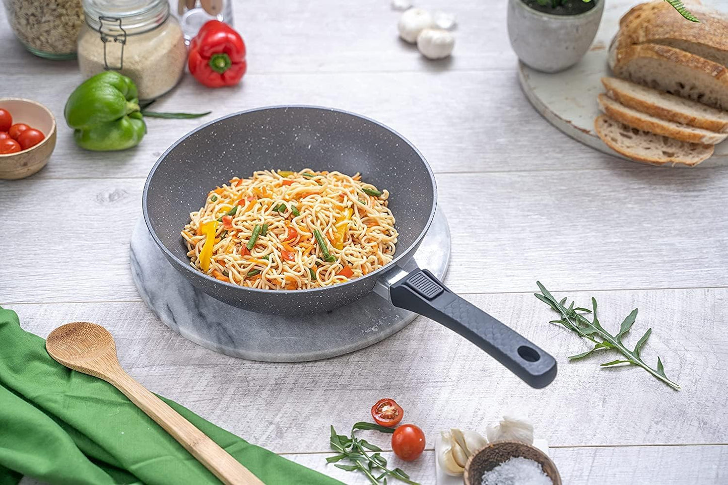 28cm Induction Wok Pan with Glass Lid & Removable Handle, Nuovva