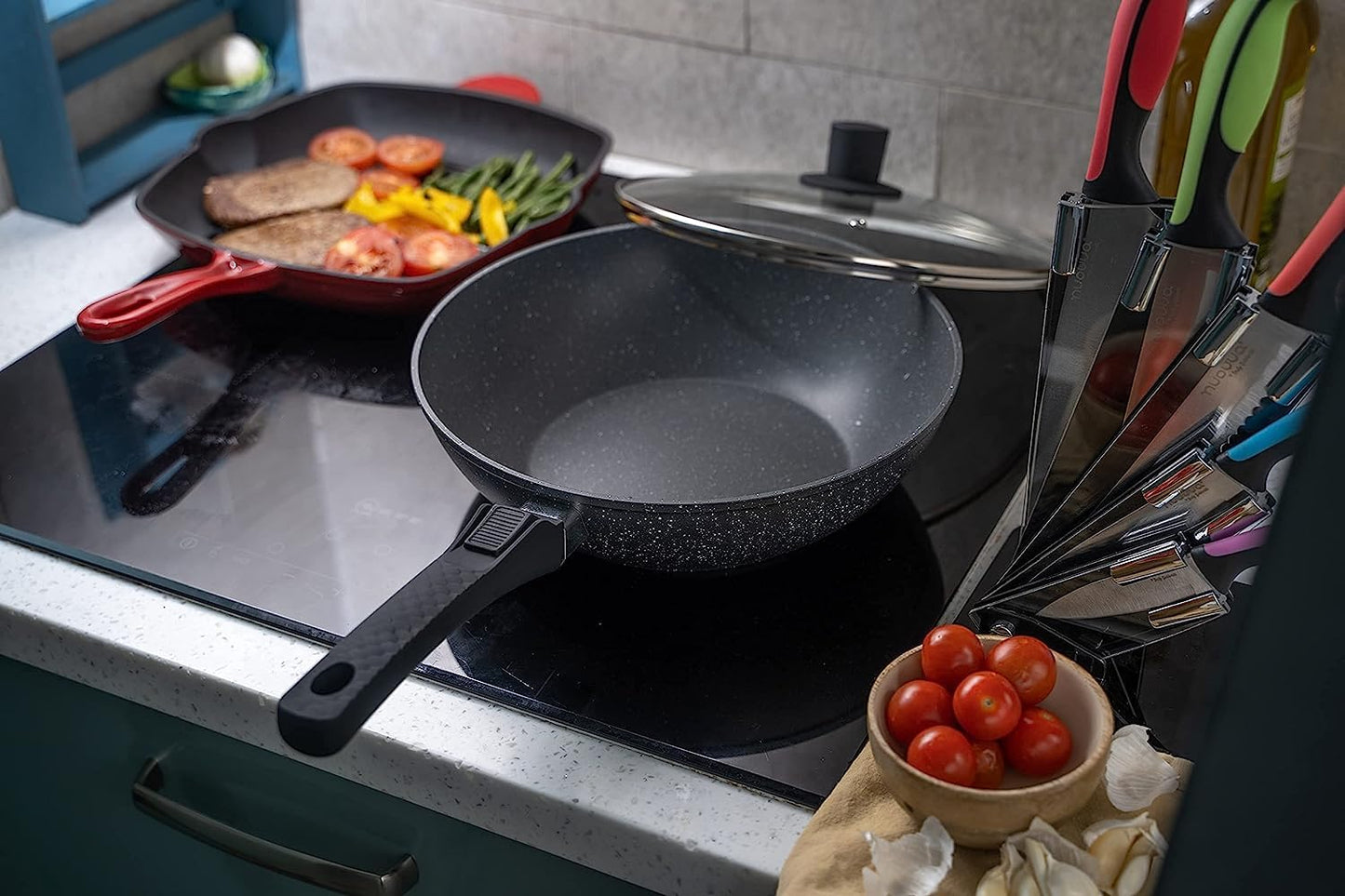 28cm Induction Wok Pan with Glass Lid & Removable Handle, Nuovva