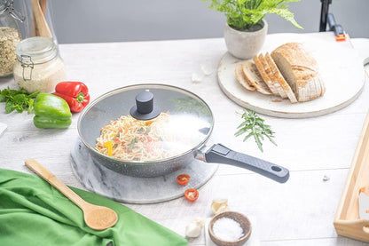 28cm Induction Wok Pan with Glass Lid & Removable Handle, Nuovva