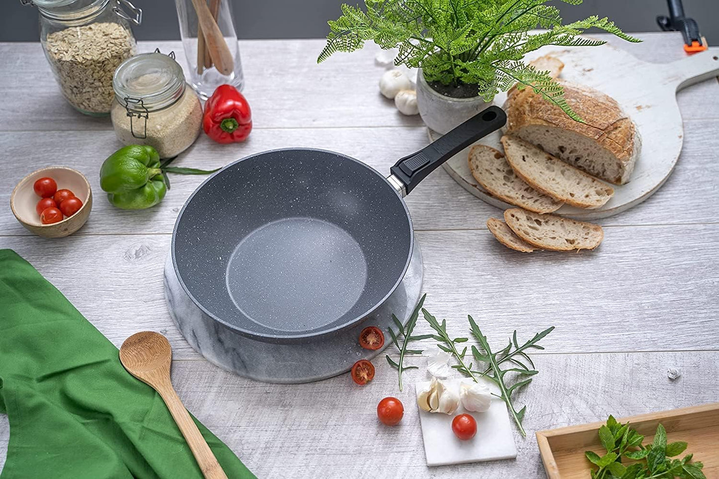 28cm Induction Wok Pan with Glass Lid & Removable Handle, Nuovva