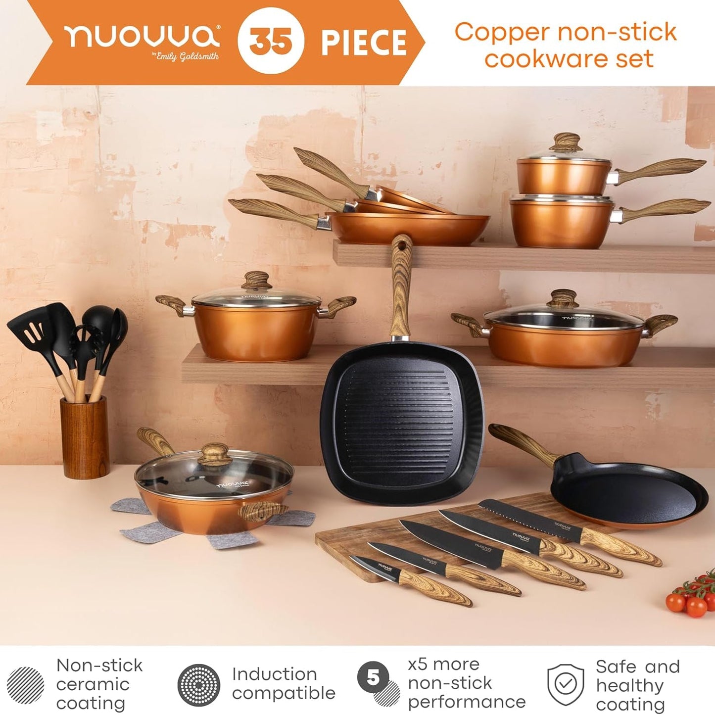 35-Piece Non-Stick Cookware & Kitchen Knife Set, Nuovva