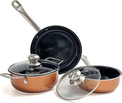 Kitchen Cookware Set of 5, 8, 15 & 35pcs with Lids - Multiple Colours