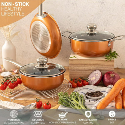 Copper Kitchen Cookware Set with Lids, 5-Pieces