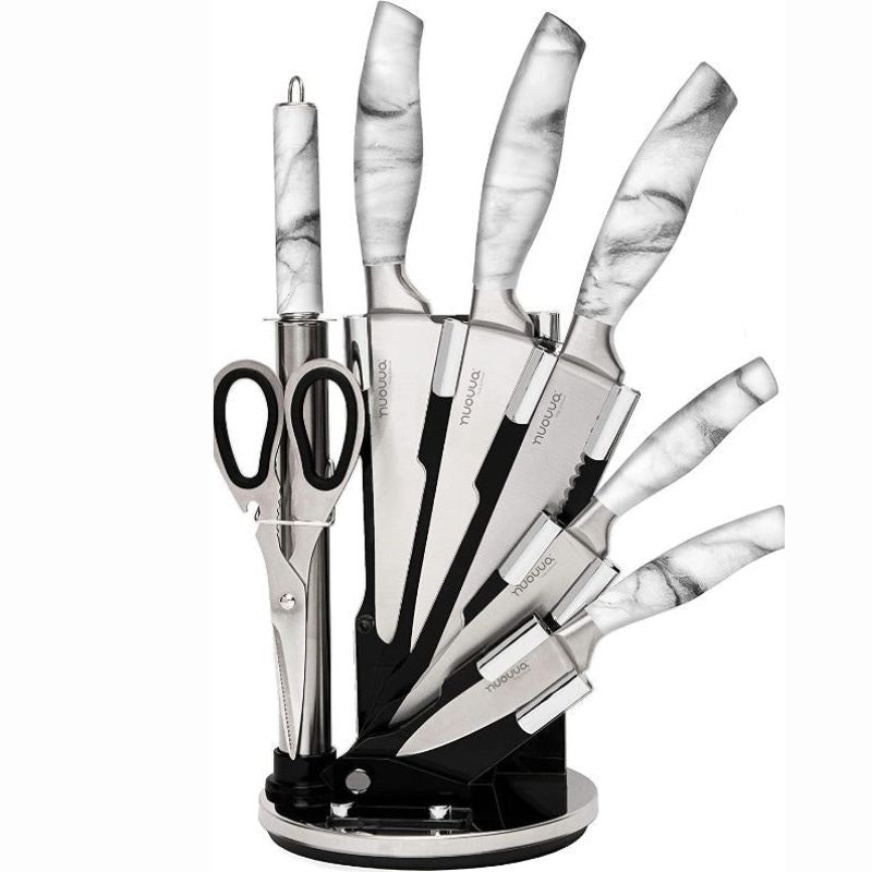 7-Piece Calcutta Marble Kitchen Knife Set with Rotating Block, Nuovva