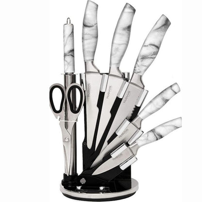 7-Piece Calcutta Marble Kitchen Knife Set with Rotating Block, Nuovva