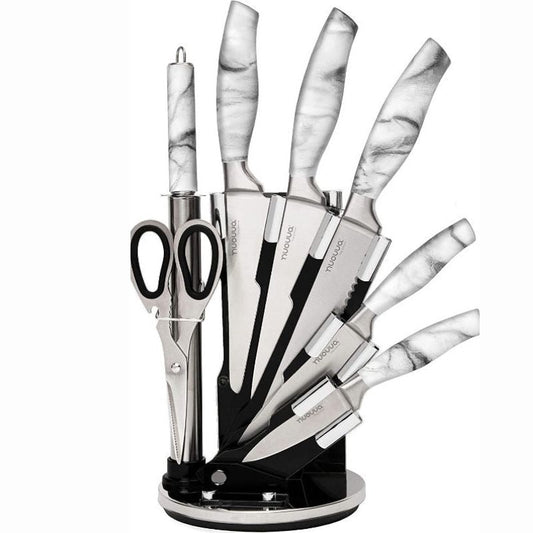 7-Piece Calcutta Marble Kitchen Knife Set with Rotating Block, Nuovva