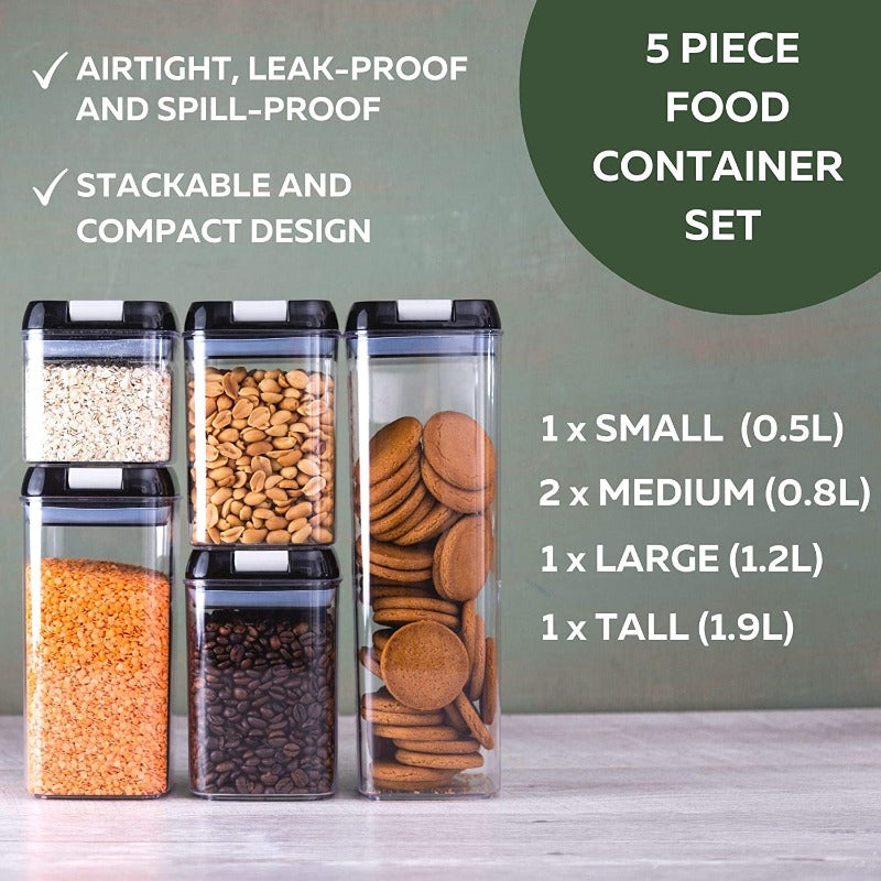 5-Piece Food Storage Container Set with Black or White Lids, Nuovva