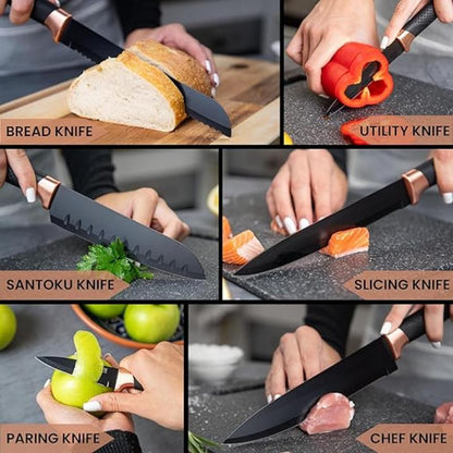 17-Piece Professional Black Granite Kitchen Knife Set with Acrylic Block, Nuovva