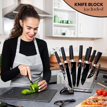 17-Piece Professional Black Granite Kitchen Knife Set with Acrylic Block, Nuovva