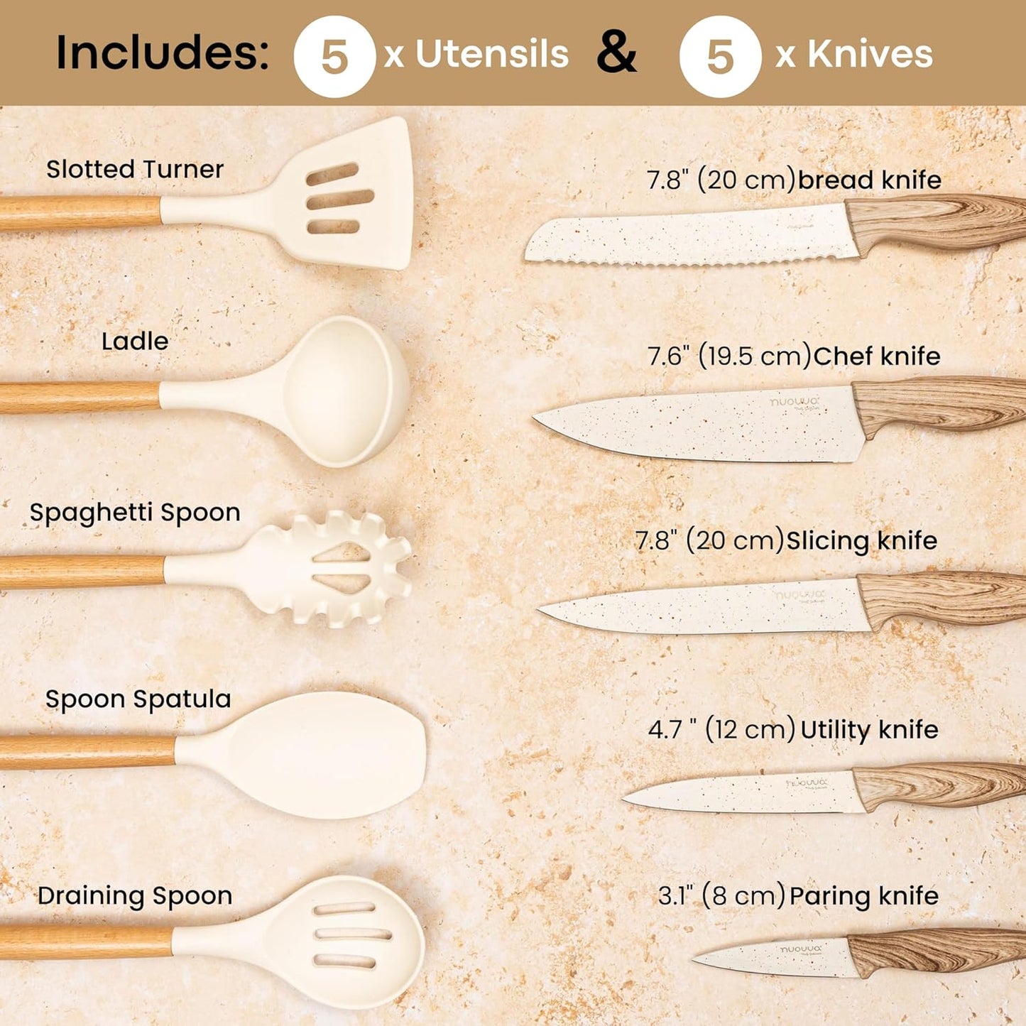 35pcs Cream Kitchen Cookware & Kitchen Knife Set