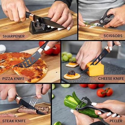 17-Piece Professional Black Granite Kitchen Knife Set with Acrylic Block, Nuovva
