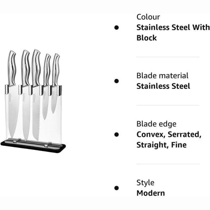 5-Piece Stainless Steel Kitchen Knife Set with Acrylic Block, Nuovva