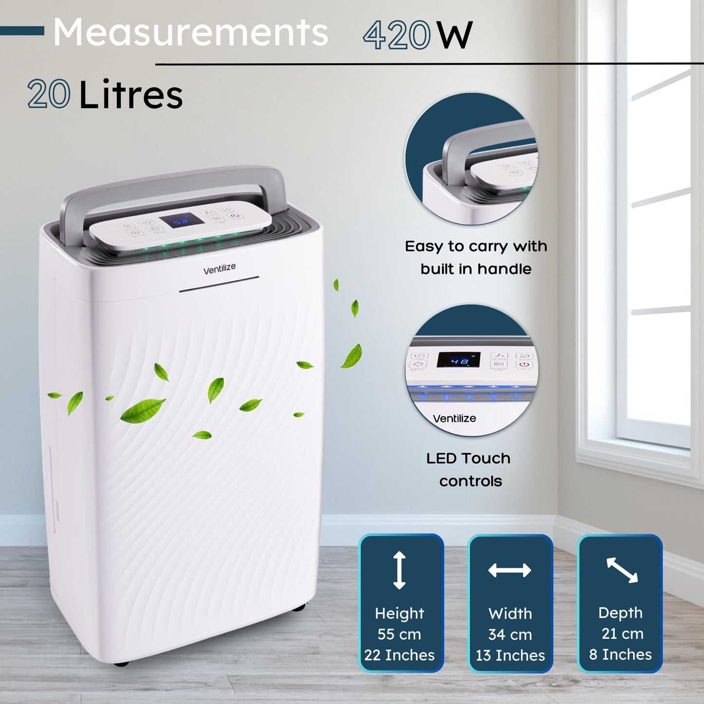 Portable Home Dehumidifier with Carbon Filter & Smart LCD Control - 20L, by Ventilize