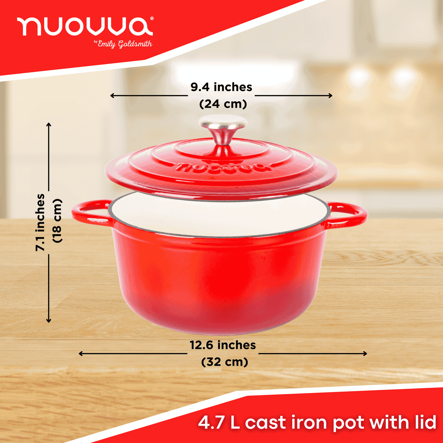 Cast Iron Dutch Oven with Lid, Casserole Pot - 24cm - 4.7L (Multiple Colours)