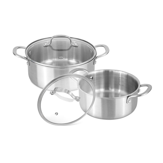 Tri-Ply Stainless Steel Casserole Pot Set with Glass Lids (4-Piece & 6-Piece), Nuovva