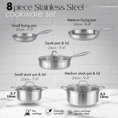 Stainless Steel Cookware Set with Glass Lids (5, 6, 8, 14 & 17 Piece), Nuovva