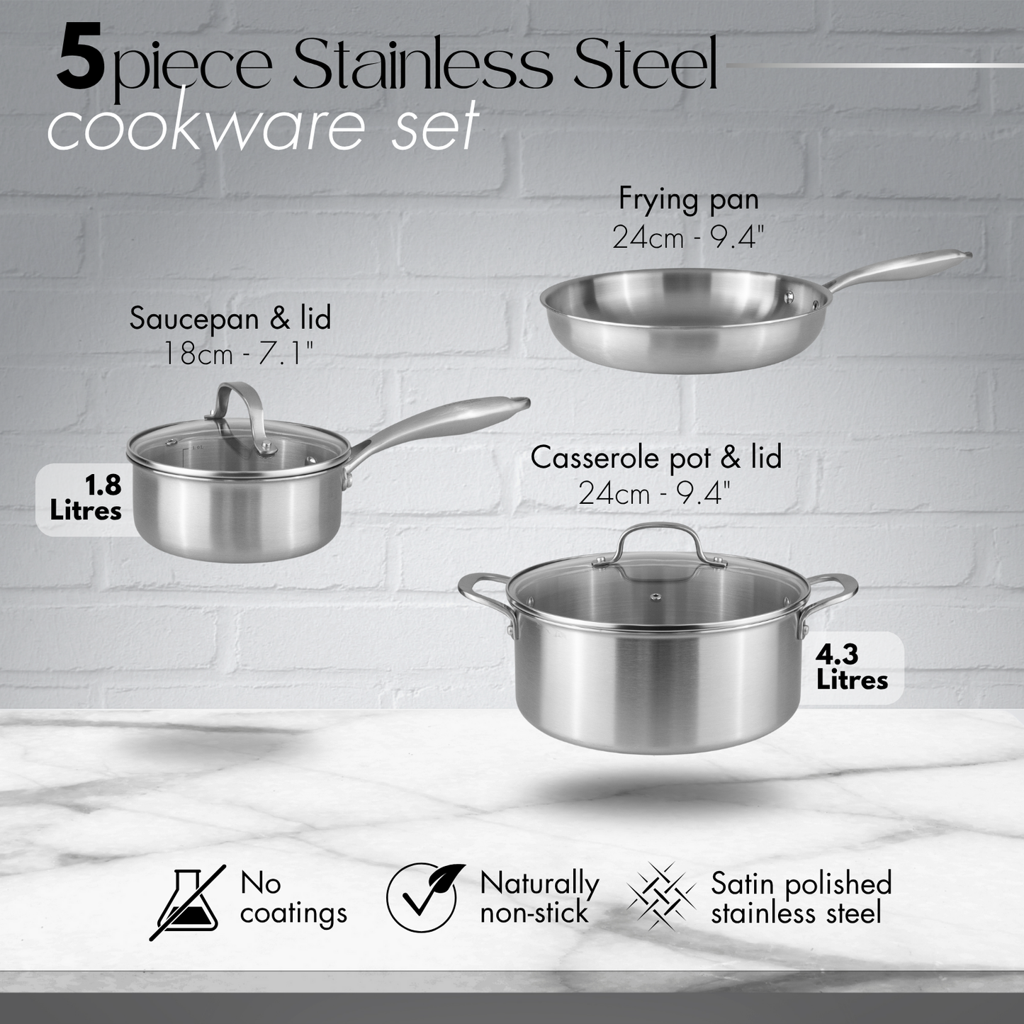 Stainless Steel Cookware Set with Glass Lids (5, 6, 8, 14 & 17 Piece), Nuovva
