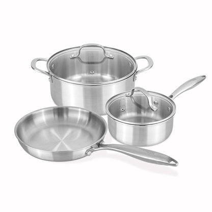 Stainless Steel Cookware Set with Glass Lids (5, 6, 8, 14 & 17 Piece), Nuovva