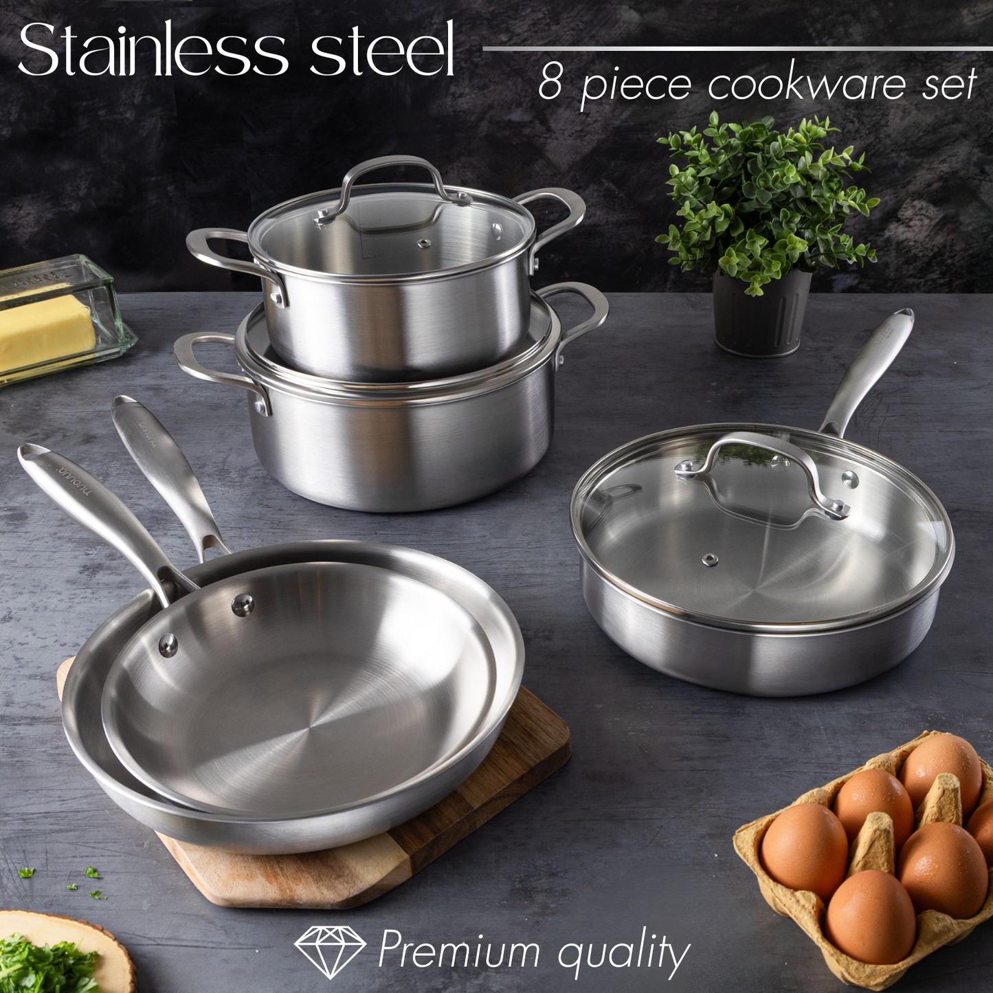 Stainless Steel Cookware Set with Glass Lids (5, 6, 8, 14 & 17 Piece), Nuovva