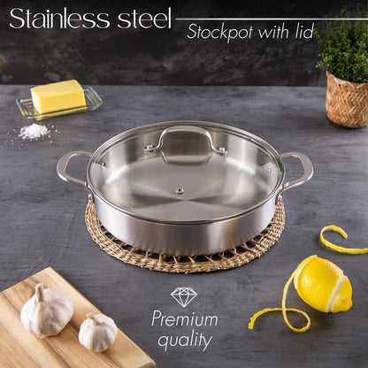 28cm Stainless Steel Shallow Casserole Dish with Lid, Nuovva