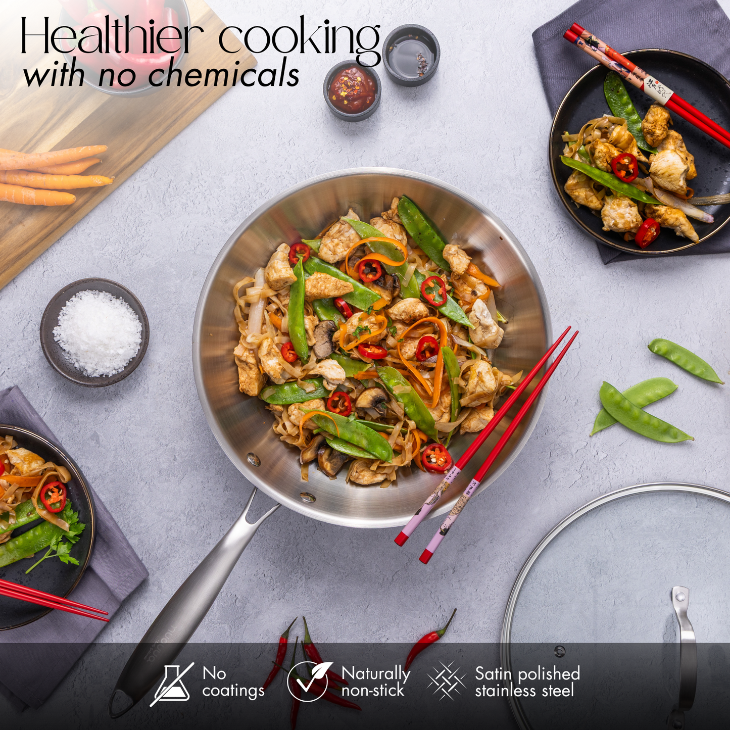28cm Stainless Steel Sauté Pan / Wok with Glass Lid, Nuovva