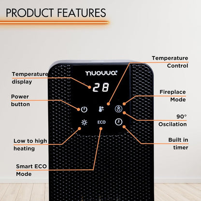 Ceramic Electric Tower Fan Heater with Fireplace Display