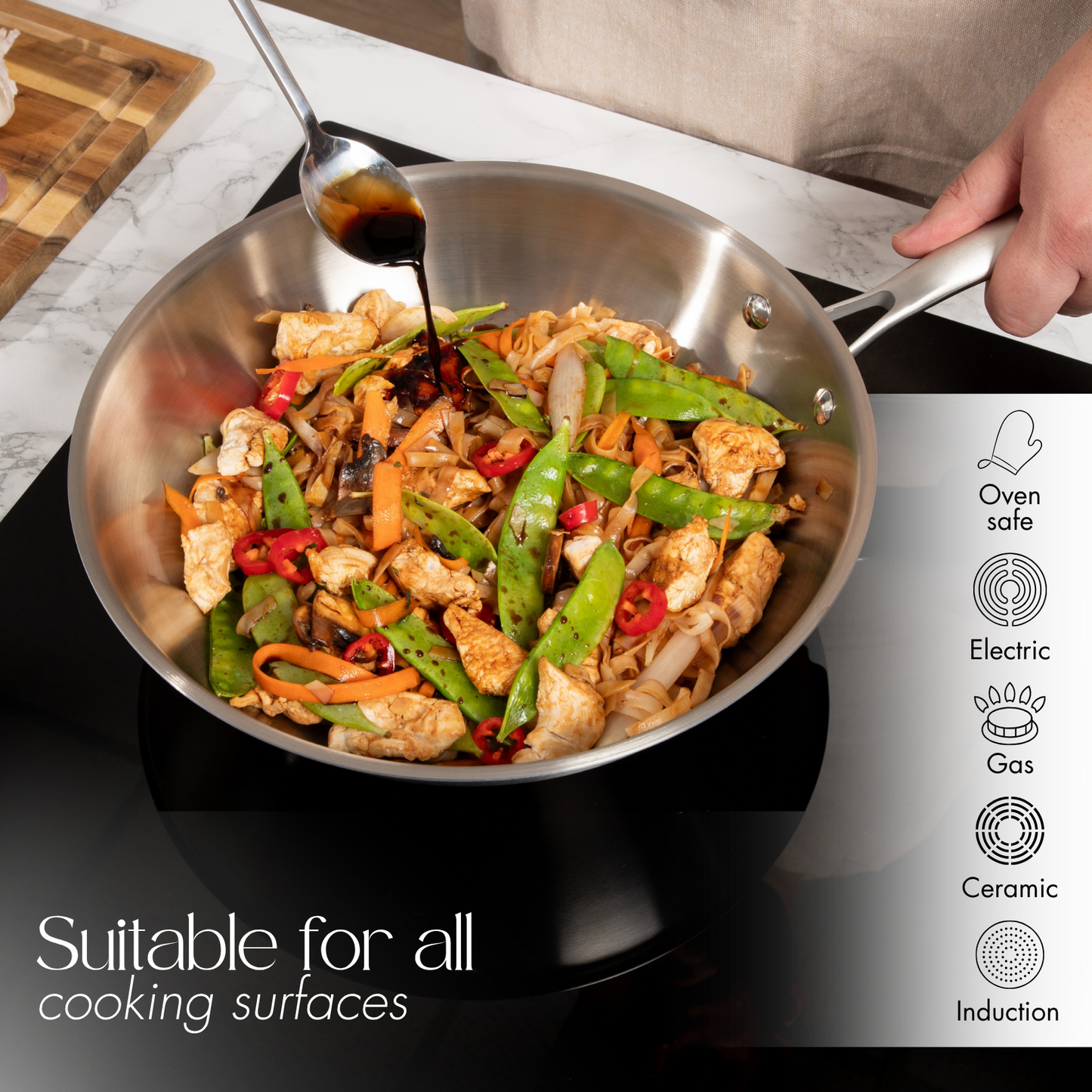 28cm Stainless Steel Non-Stick Wok with Glass Lid, Nuovva