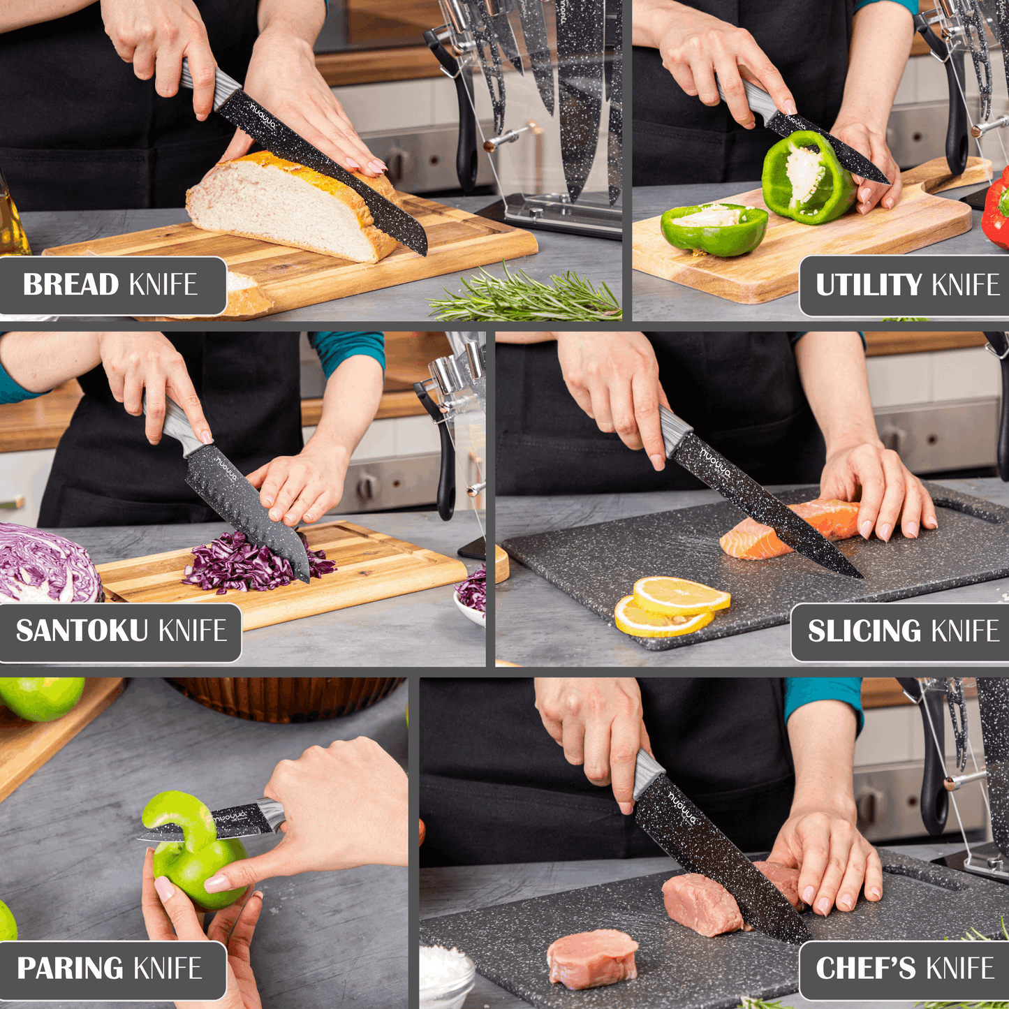 17-Piece Professional Black Granite Kitchen Knife Set with Acrylic Block, Nuovva