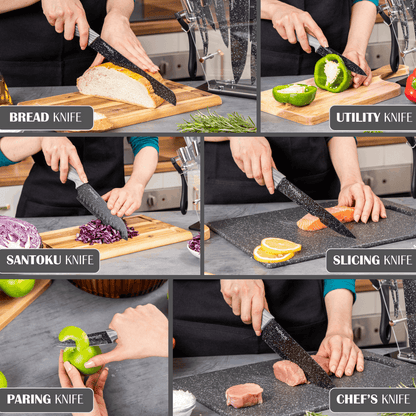 17-Piece Professional Black Granite Kitchen Knife Set with Acrylic Block, Nuovva