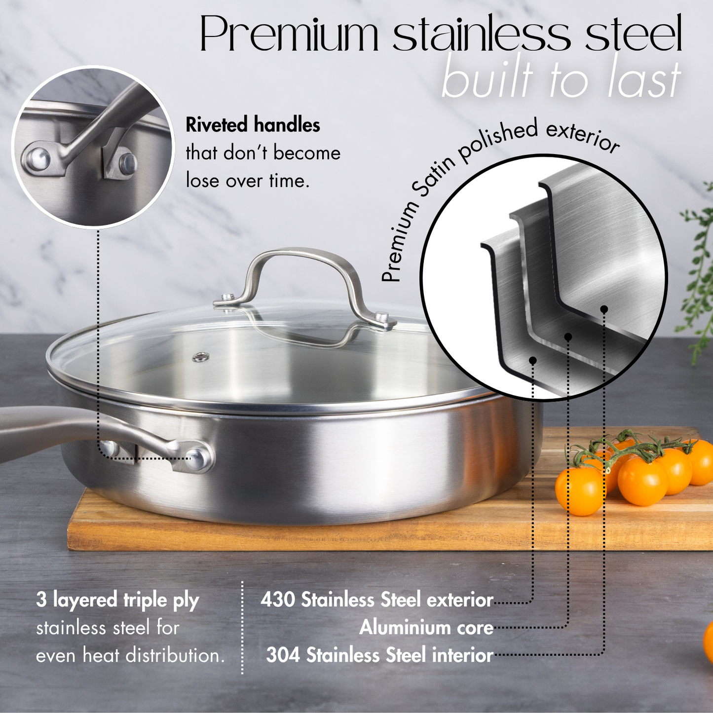 28cm Stainless Steel Sauté Pan with Glass Lid, Nuovva