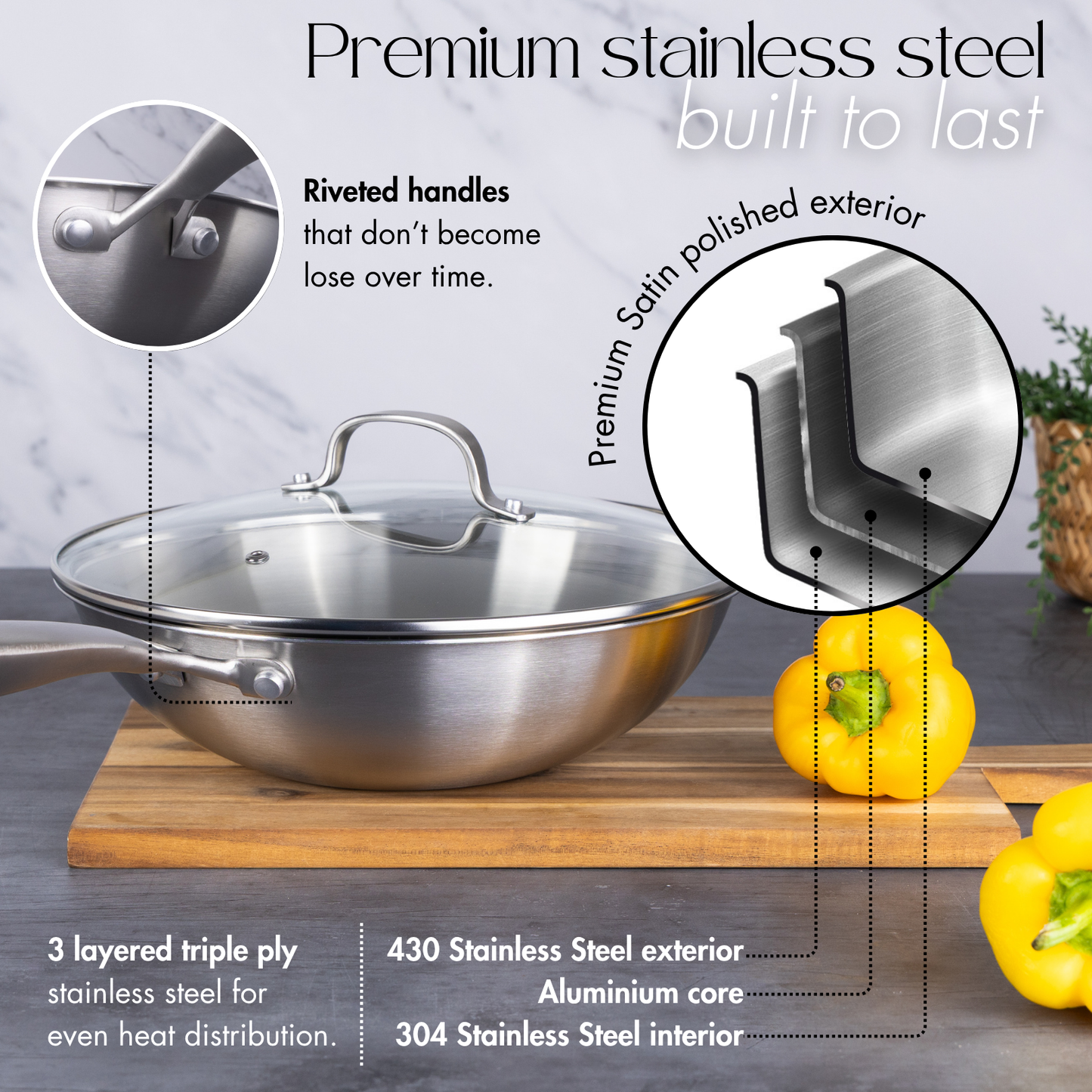 28cm Stainless Steel Non-Stick Wok with Glass Lid, Nuovva