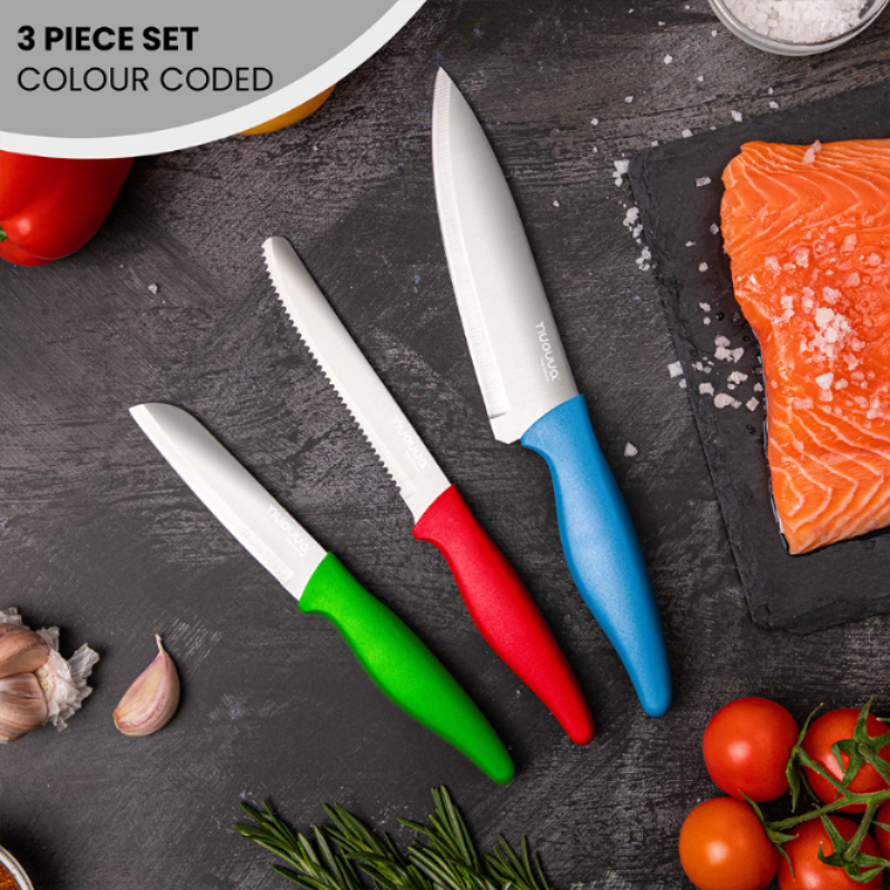 3-Piece Grey Stainless Steel Non-Stick Kitchen Knife Set, Nuovva