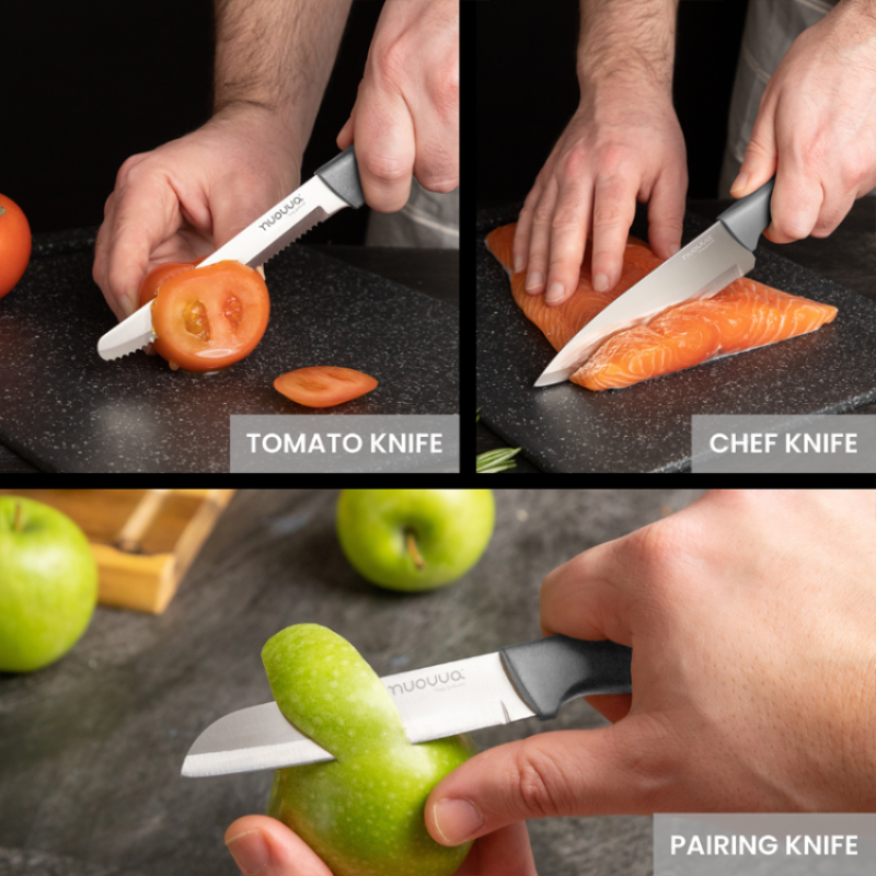 3-Piece Grey Stainless Steel Non-Stick Kitchen Knife Set, Nuovva