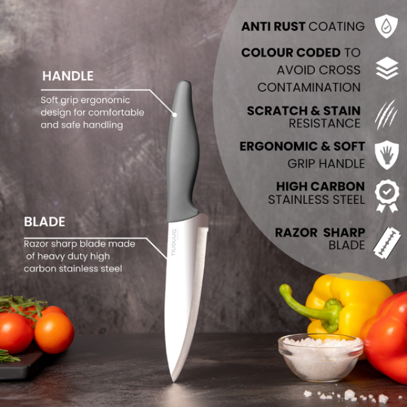 3-Piece Grey Stainless Steel Non-Stick Kitchen Knife Set, Nuovva