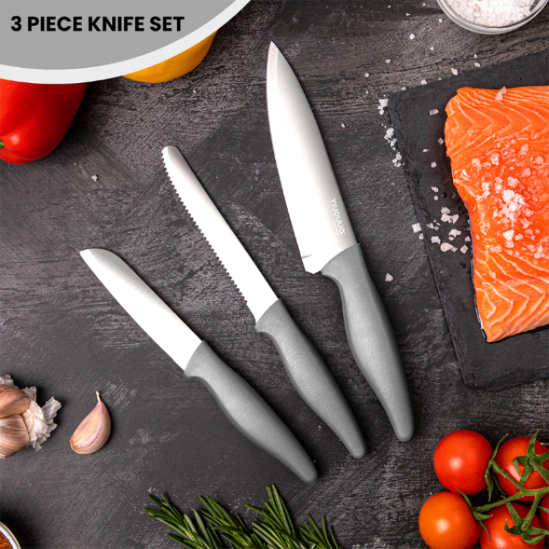 3-Piece Grey Stainless Steel Non-Stick Kitchen Knife Set, Nuovva