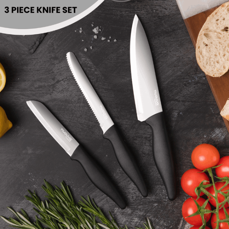 3-Piece Black Stainless Steel Non-Stick Kitchen Knife Set, Nuovva